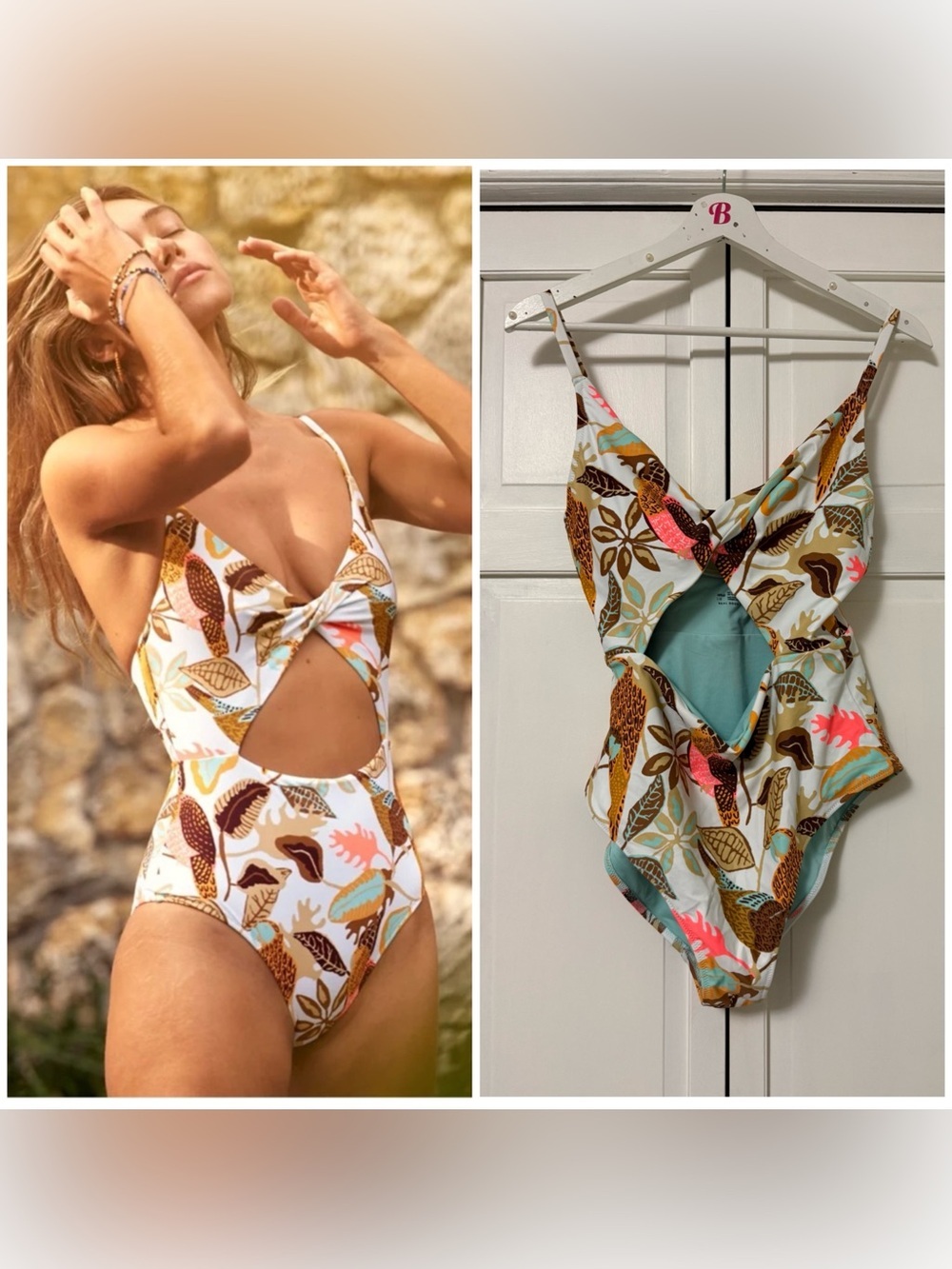 NWOT Aerie Twist Cut Out One Piece Swimsuit Floral Leaf Print Large
